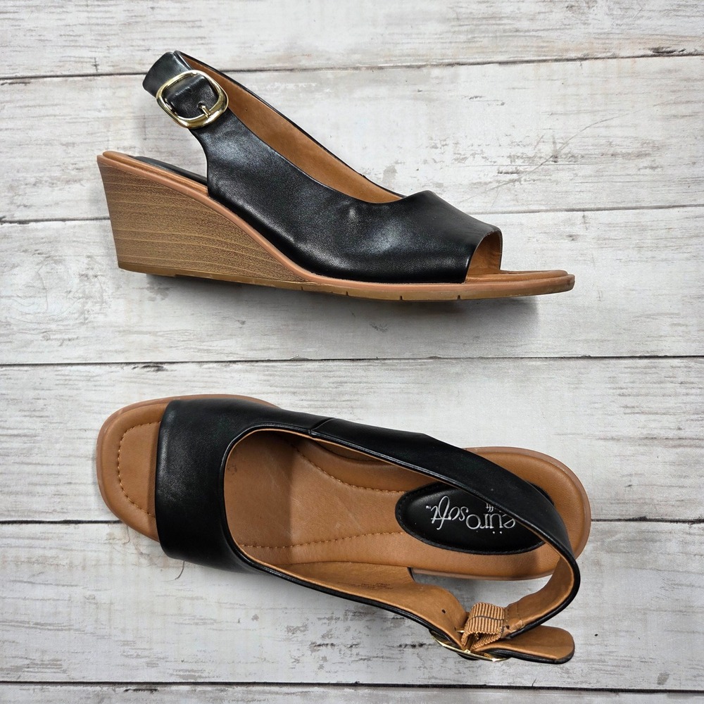 EuroSoft Wedge Sandals Womens 9M Black Gabel ES0044601 Slingback Open Toe Buckle